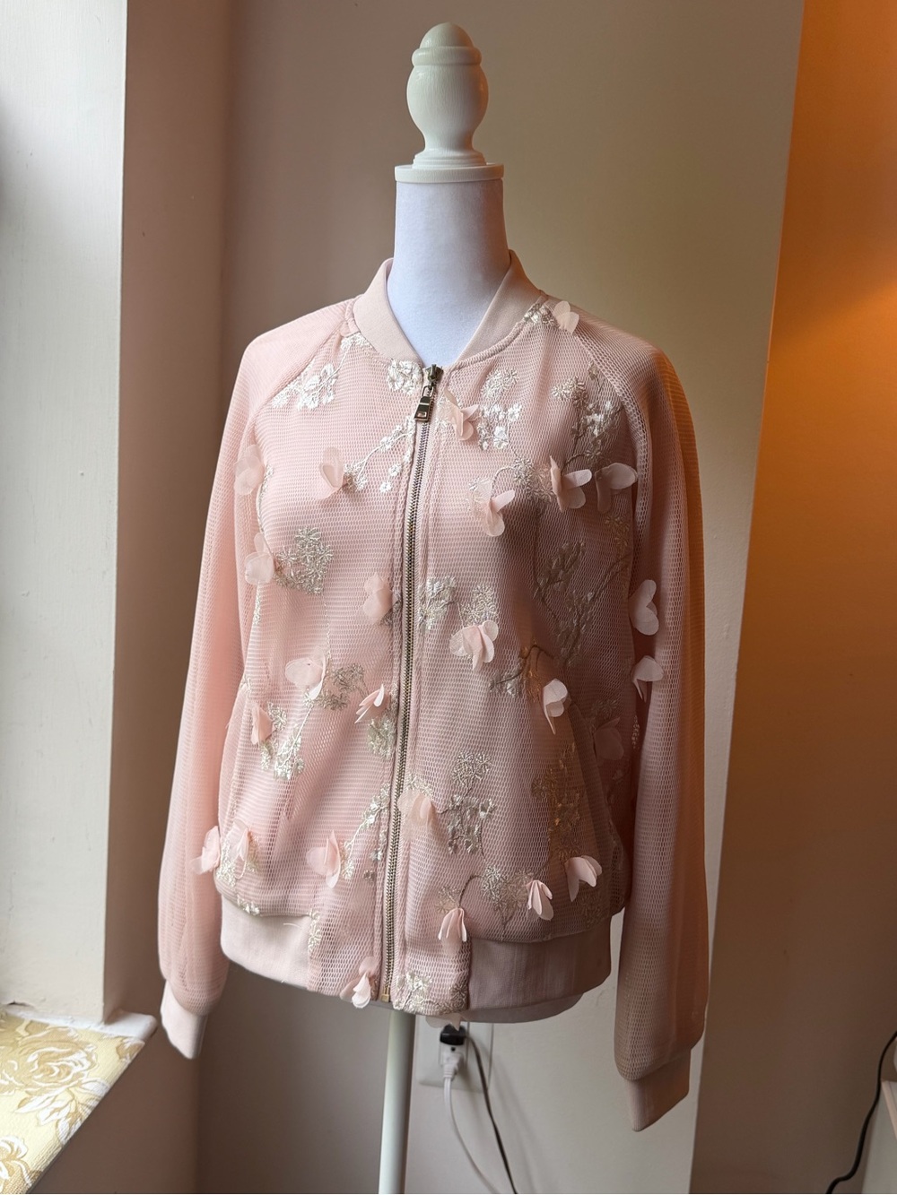 Forever 21 3D Floral Mesh Bomber Jacket Cherry Blossom Size Medium